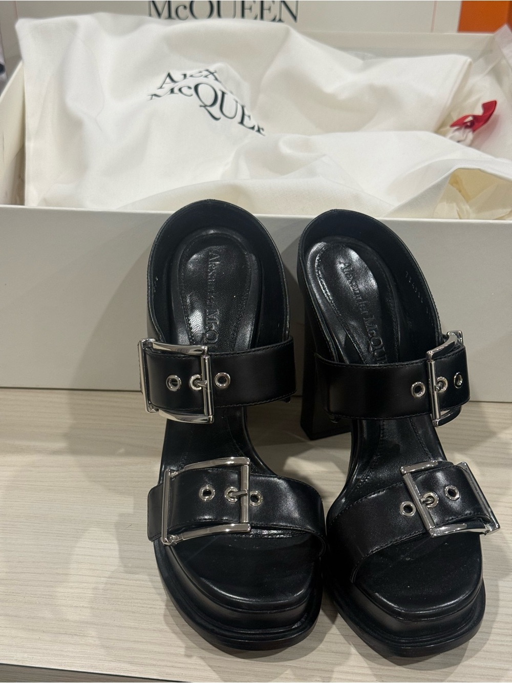 Alexander McQueen Black Leather Buckle Platform Mules - Picture 4 of 6
